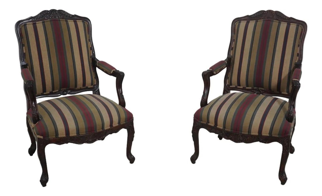 Pair of Louis XV Striped Upholstered Armchairs Quality Craftsmanship: Pair of Louis XV Striped Upholstered Armchairs Quality Craftsmanship This exquisite pair of French Louis XV armchairs features a stylish striped upholstery that adds a touch of elegance to any room. W