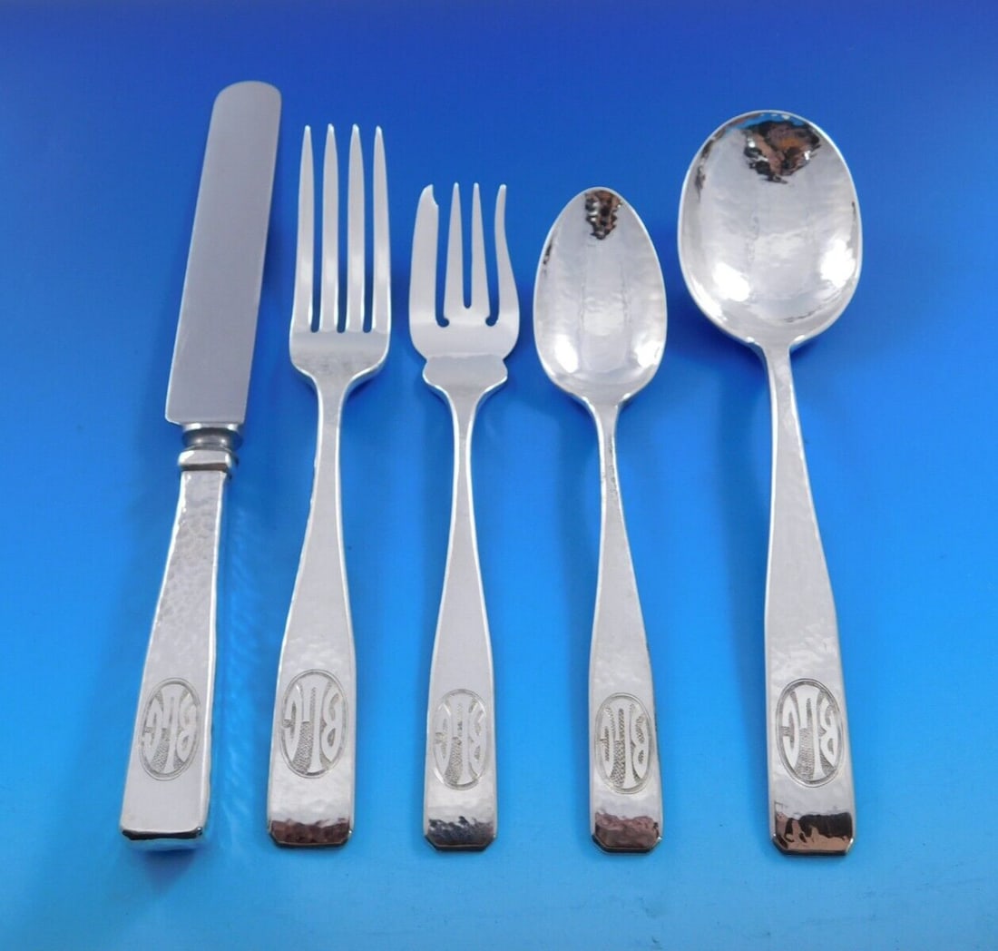 Schofield Elizabeth Tudor Hammered Sterling Silver Flatware Set 40 Pieces: Schofield Elizabeth Tudor Hammered Sterling Silver Flatware Set 40 Pieces This exquisite 40-piece flatware set features the Elizabeth Tudor Hammered pattern by Schofield, renowned for its Arts & Craft