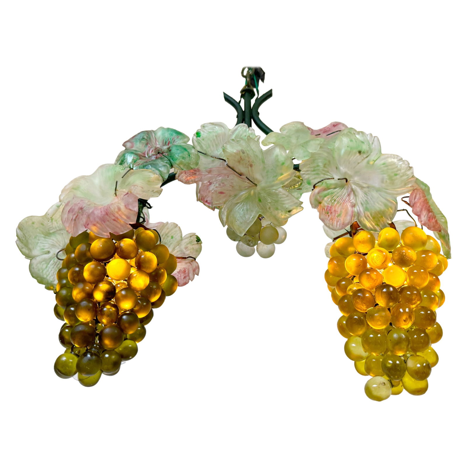 Vintage 1950s Murano Glass Grapes & Leaves Chandelier Italy: Vintage 1950s Murano Glass Grapes & Leaves Chandelier Italy Illuminate your space with the exquisite Murano Glass Hanging Grapes & Leaves Chandelier, a stunning example of Italian artistry from the 19