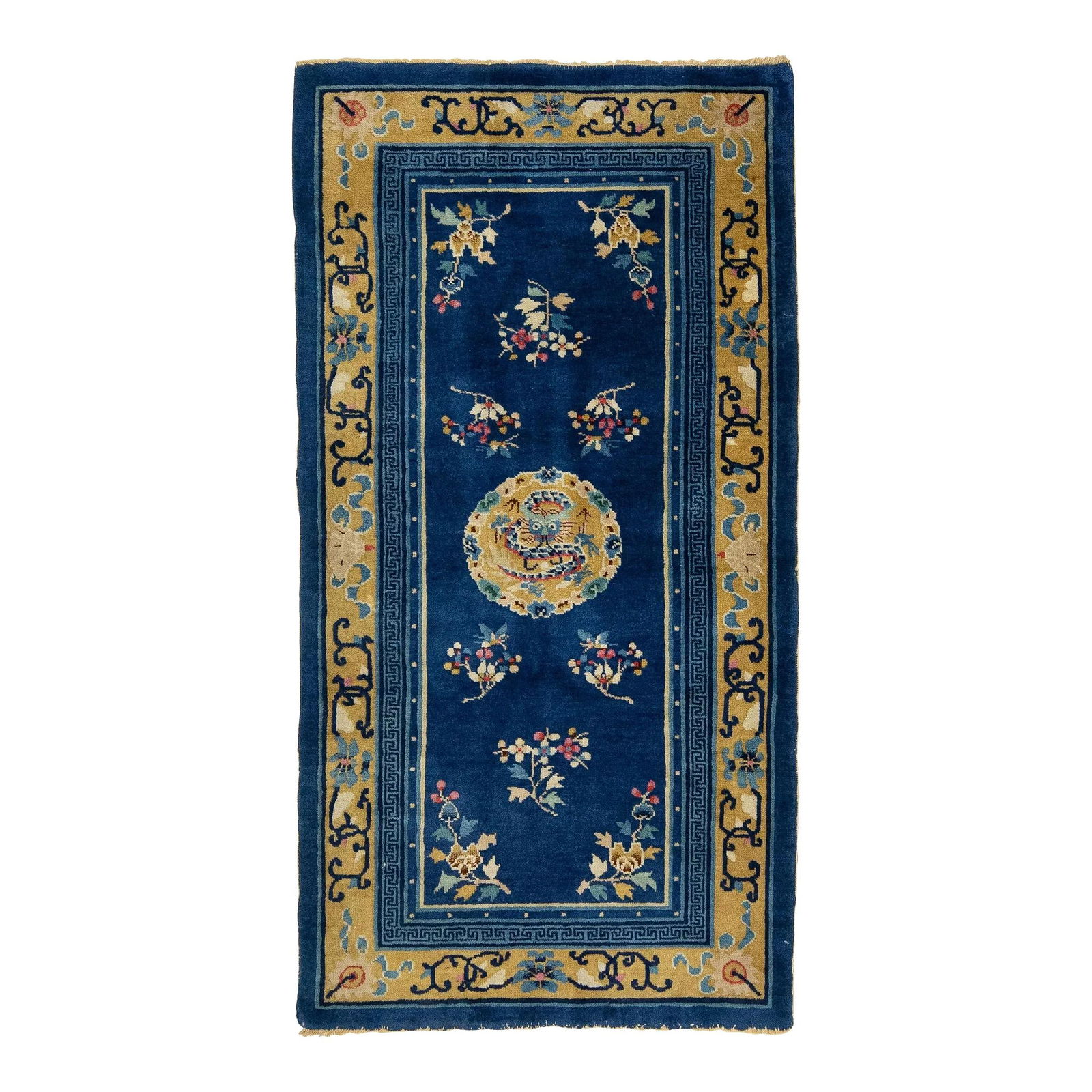 Antique Peking Handmade Wool Rug Blue with Dragon Design 3'1 x 5'11: Antique Peking Handmade Wool Rug Blue with Dragon Design 3'1 x 5'11 Discover the beauty of this exquisite antique Peking Chinese hand-knotted wool rug, showcasing a rich navy blue field beautifully ac