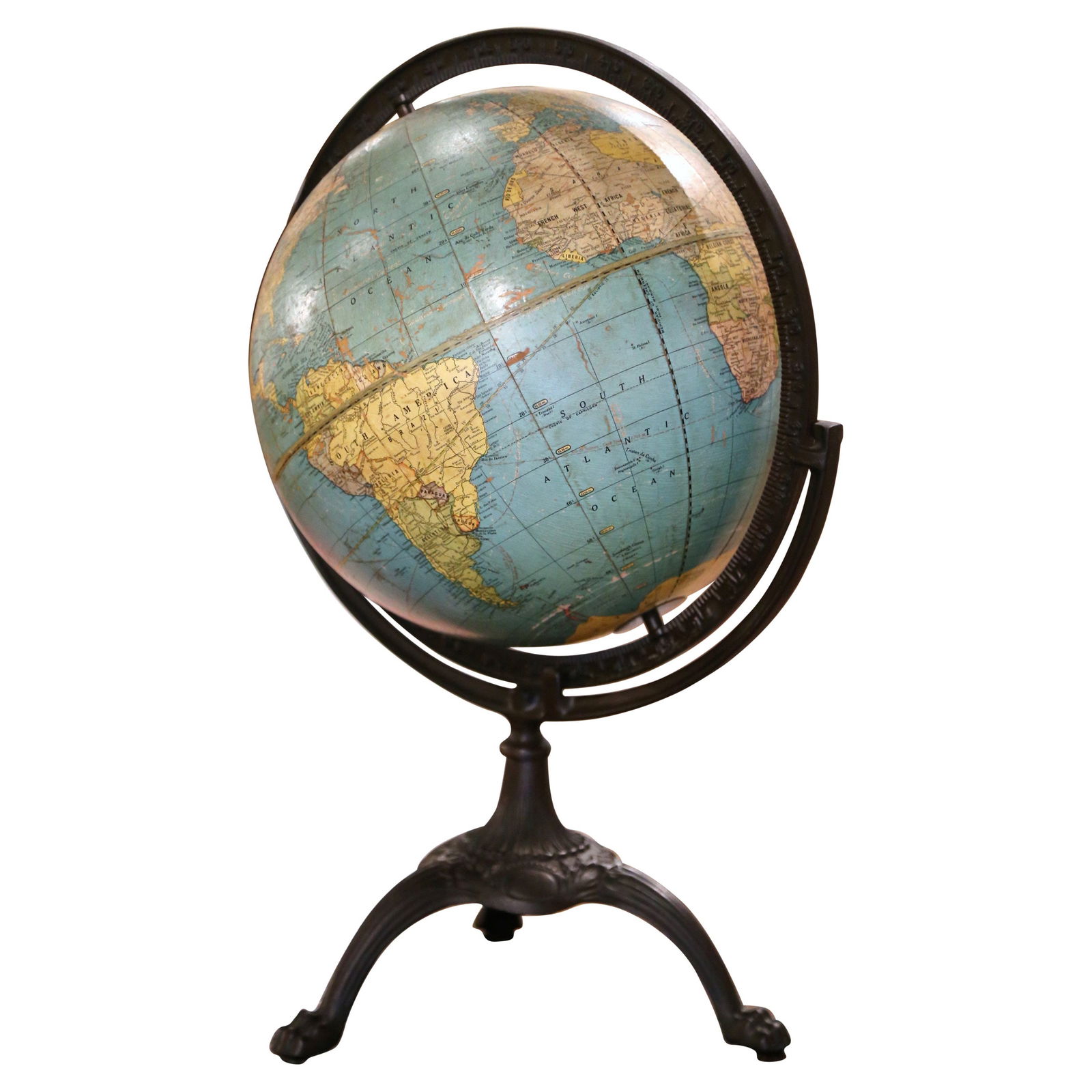 Vintage 1946 George F. Cram Terrestrial Globe on Iron Stand: Vintage 1946 George F. Cram Terrestrial Globe on Iron Stand This exquisite terrestrial world globe, crafted by George F. Cram and Co. circa 1946, is a stunning addition to any office or study. The glo