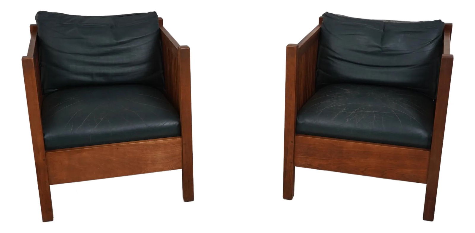Stickley Mission Style Cherry Cube Chairs Pair with Tooled Leather: Stickley Mission Style Cherry Cube Chairs Pair with Tooled Leather This pair of Stickley Mission Style cube chairs, crafted around 1994, showcases high-quality construction in cherry wood with a rich