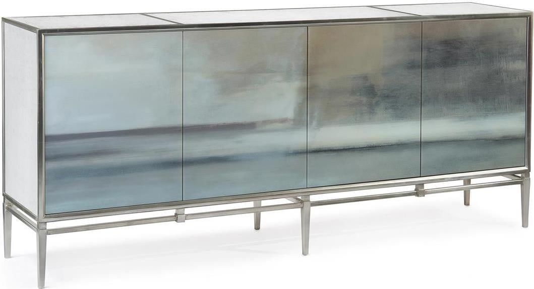 John-Richard Eglomise Silver Abstract Credenza 38.75H 88W 19D: John-Richard Eglomise Silver Abstract Credenza 38.75H 88W 19D This sleek storage unit combines modern design with functional elegance, inspired by abstract art. The credenza features a stunning Eglomi