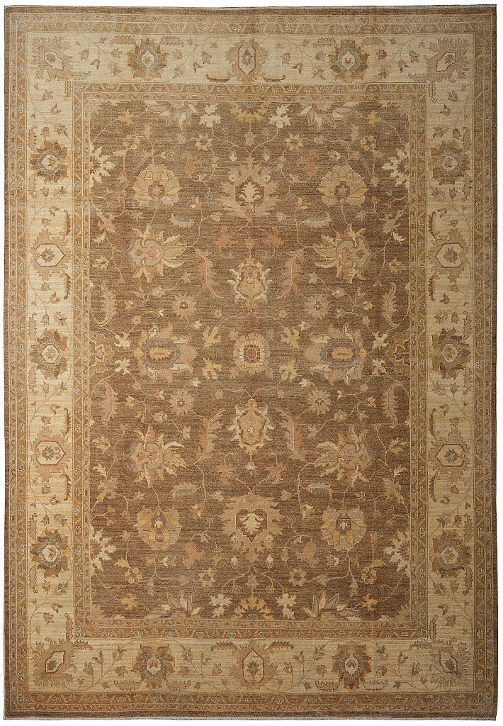 Brown Zigler Chobi Hand-Knotted Wool Rug 112 x 142 Inches Pakistan: Brown Zigler Chobi Hand-Knotted Wool Rug 112 x 142 Inches Pakistan Free continental US Shipping This handmade Zigler Chobi area rug is crafted from natural wool and features a hand-knotted weave. The