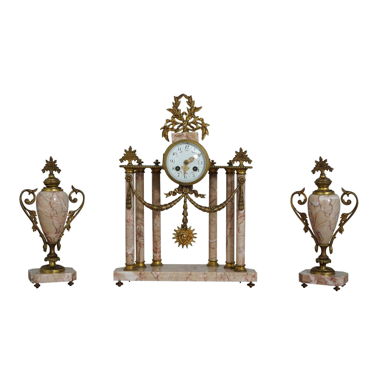 Antique French 3 Piece Marble and Bronze Clock Set 100 Years Old: Antique French 3 Piece Marble and Bronze Clock Set 100 Years Old This exquisite French 3 Piece Marble & Bronze Clock Set showcases a stunning combination of marble, brass, and bronze construction, ref