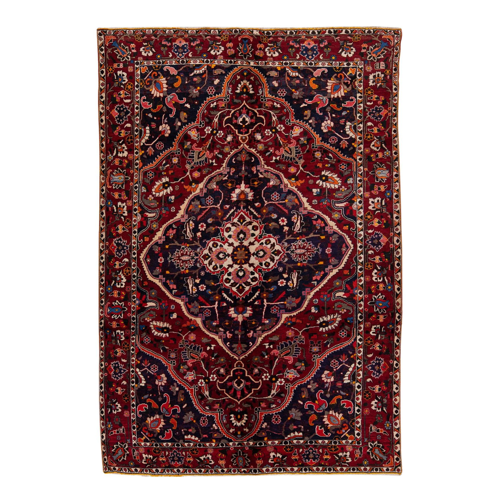 Antique Bakhtiari Handmade Wool Rug Burgundy Multicolor Medallion 6'9 x 10'1: Antique Bakhtiari Handmade Wool Rug Burgundy Multicolor Medallion 6'9 x 10'1 This exquisite Antique Bakhtiari hand-knotted wool rug features a rich burgundy field adorned with a stunning all-over mult