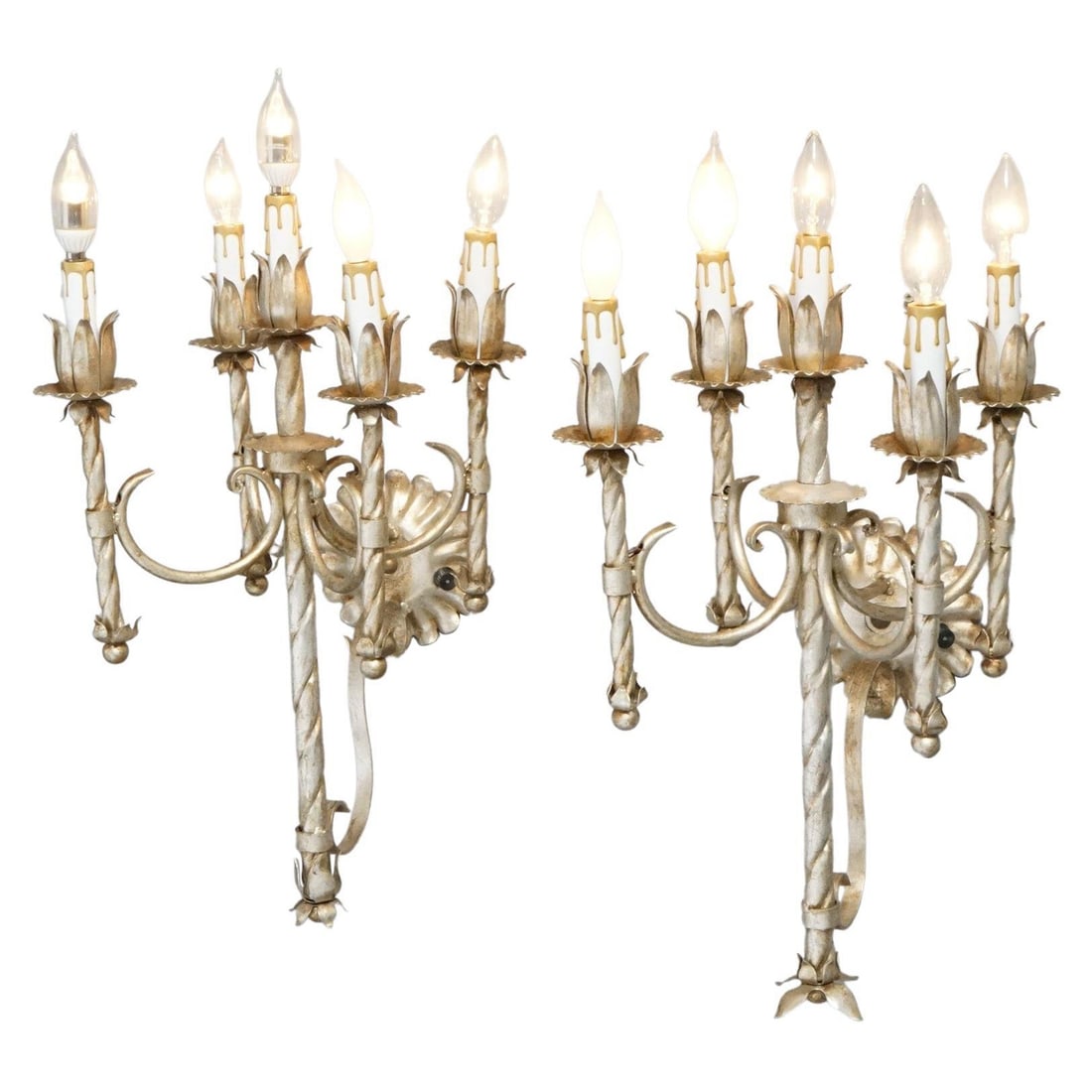 Set of 2 Antique Arts and Crafts Silvered Candelabra Wall Sconces: Set of 2 Antique Arts and Crafts Silvered Candelabra Wall Sconces This exquisite pair of antique wall sconces exemplifies the Arts & Crafts Gothic style, crafted in the 20th century. Each sconce featu