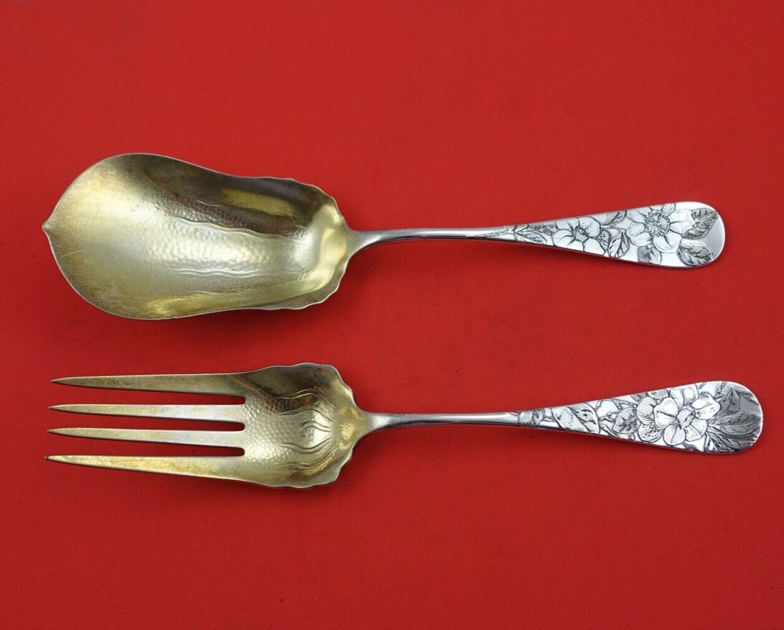 Whiting Antique Acid Etched Sterling Silver Salad Serving Set 2pc 9 inch: Whiting Antique Acid Etched Sterling Silver Salad Serving Set 2pc 9 inch Elevate your dining experience with this exquisite Antique Acid Etched Salad Serving Set by Whiting. This two-piece set, crafte