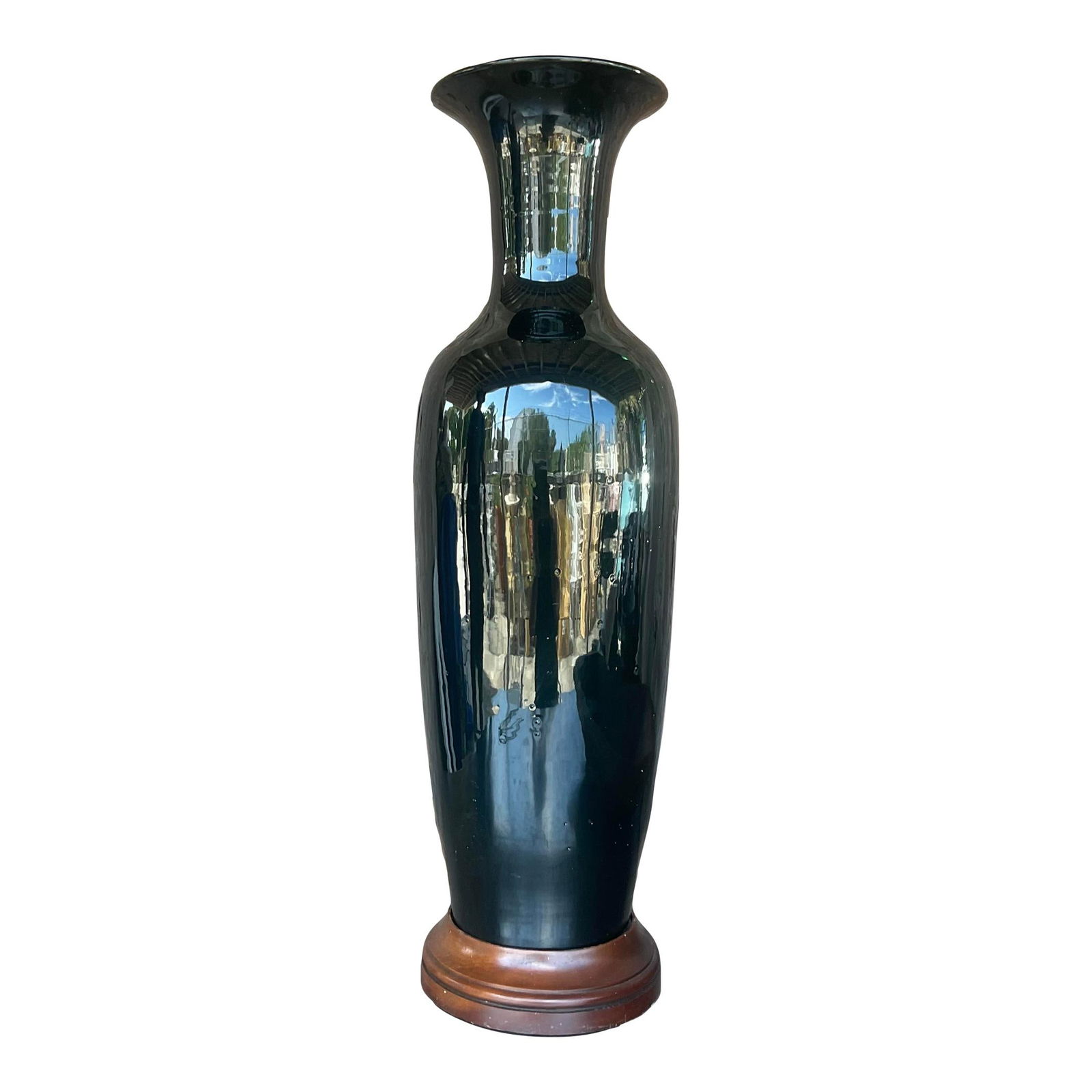 Vintage Boho Black Glazed Ceramic Ming Vase 36 Inches: Vintage Boho Black Glazed Ceramic Ming Vase 36 Inches This stunning vintage Boho glazed ceramic vase showcases a classic Ming style with a striking black high gloss finish. It is beautifully mounted o