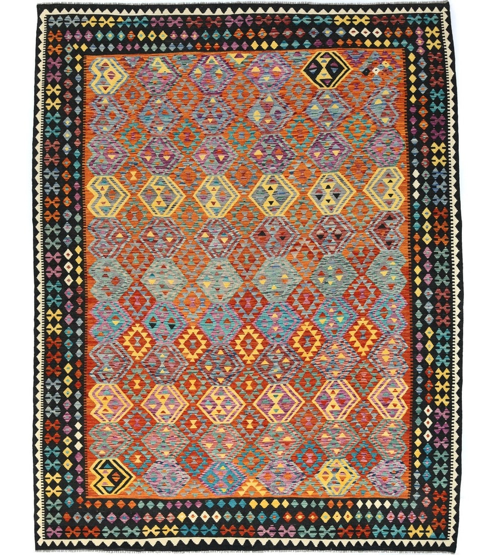 Geometric Wool Kilim Area Rug Hand-Woven Tribal Design 9'11 x 12'9: Geometric Wool Kilim Area Rug Hand-Woven Tribal Design 9'11 x 12'9 Hand-woven in Western Asia, this tribal geometric kilim rug features a modern boho aesthetic. Crafted from wool and showcasing a reve