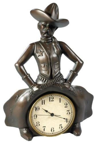 Rustic Lodge Style Hand-Cast Cowboy Sheriff Clock: Rustic Lodge Style Hand-Cast Cowboy Sheriff Clock This charming hand-cast cowboy sheriff clock is a unique addition to any lodge-style decor. Crafted from durable resin, this clock features a hand-pai