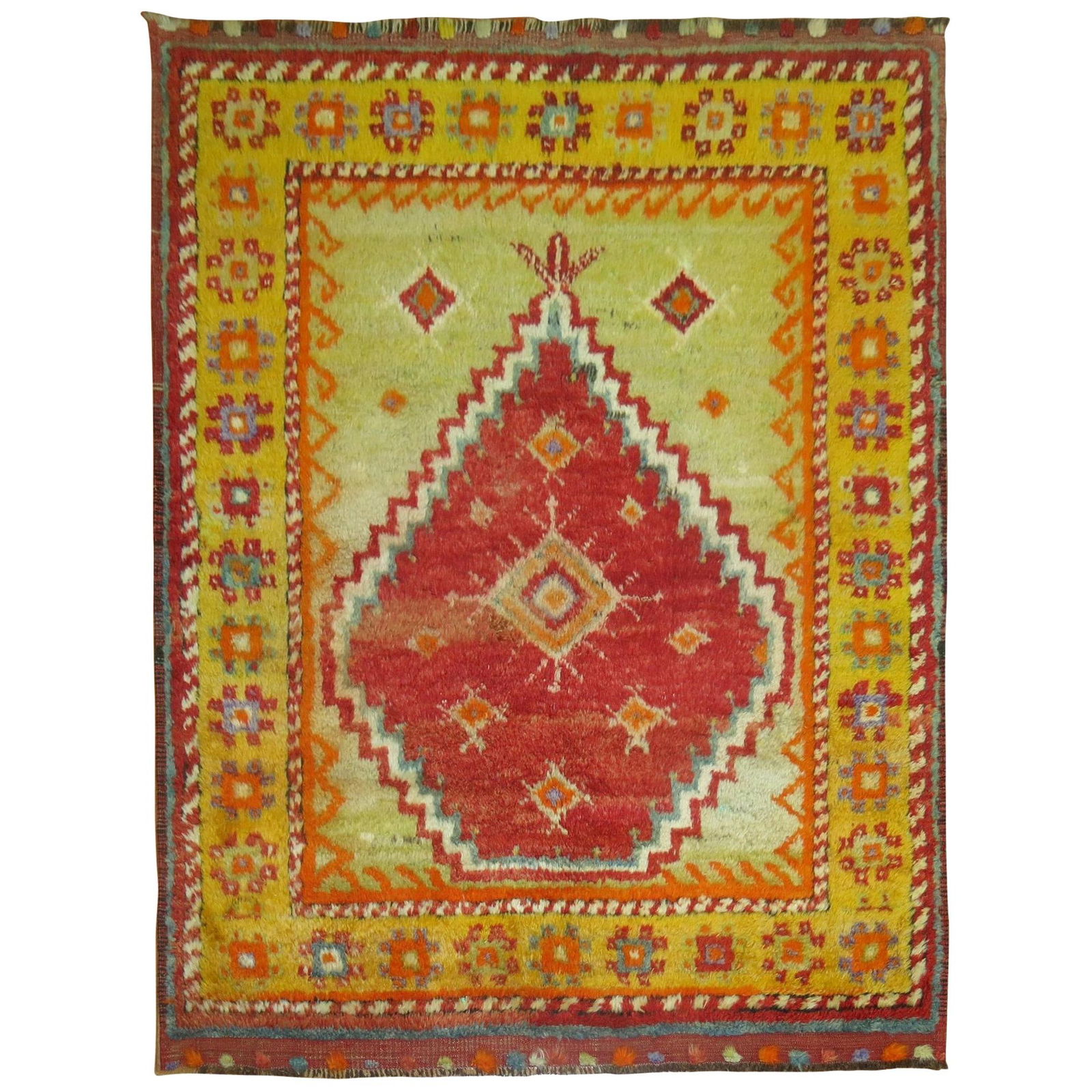 Turkish Angora Tulu Bohemian Rug 4' x 4'9" Hand-Knotted Circa 1940: Turkish Angora Tulu Bohemian Rug 4' x 4'9" Hand-Knotted Circa 1940 This vibrant Vintage Turkish Tulu Square Carpet features a striking combination of saturated red, lime green, and orange tones. Hand-