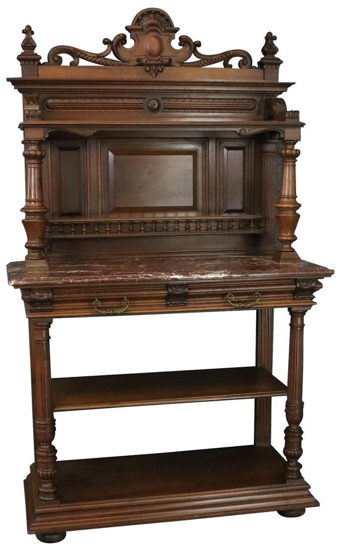 Antique 1900 French Renaissance Walnut Sideboard with Marble Top: Antique 1900 French Renaissance Walnut Sideboard with Marble Top This charming antique French sideboard, dating back to 1900, showcases a beautiful Renaissance style with a rich chestnut finish. The s