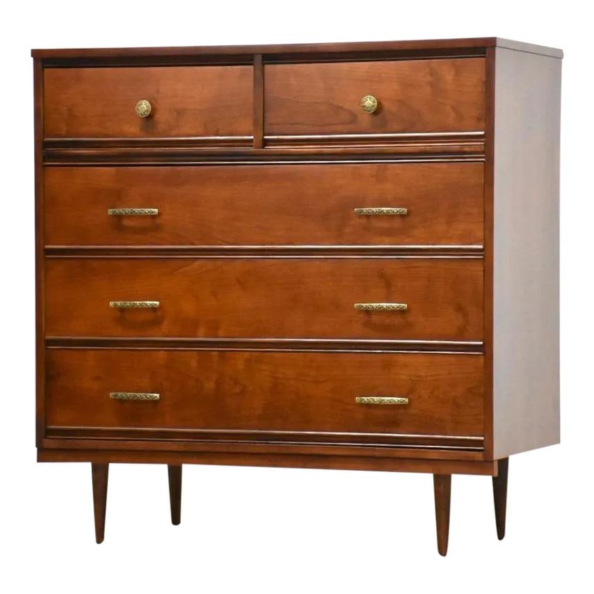 Mid Century Modern Cherry Dresser by Dixie Furniture: Mid Century Modern Cherry Dresser by Dixie Furniture This mid-century modern cherry dresser, expertly crafted by Dixie Furniture, showcases a beautiful brown wood finish. Professionally refinished, it