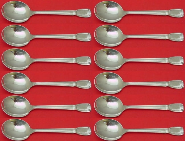 Tiffany & Co Castilian Sterling Silver Soup Spoon Set 12 Pieces: Tiffany & Co Castilian Sterling Silver Soup Spoon Set 12 Pieces This exquisite set of 12 cream soup spoons showcases the elegant Castilian pattern by Tiffany & Co. Crafted from high-quality sterling s