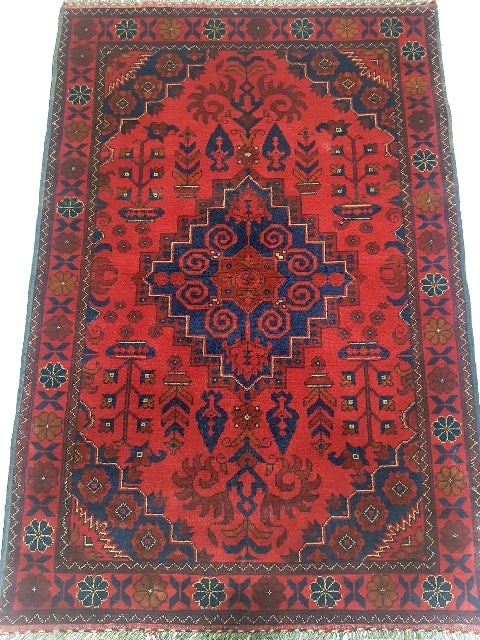 Vibrant 4.11 x 3.5 Red Khal Momadi Handwoven Area Rug: Vibrant 4.11 x 3.5 Red Khal Momadi Handwoven Area Rug Free continental US Shipping Enhance your living space with the striking Red Khal Momadi Rug, a beautiful representation of traditional Turkmen cr