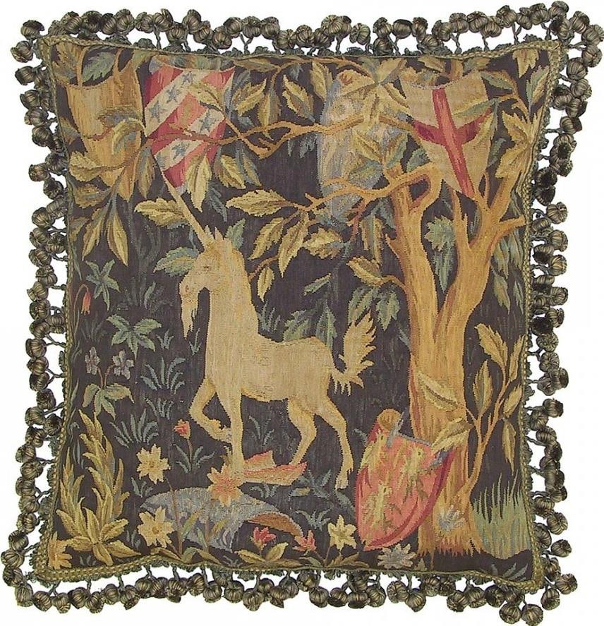 Provence Home Aubusson Unicorn Square Pillow Velvet Wool 22x22: Provence Home Aubusson Unicorn Square Pillow Velvet Wool 22x22 This exquisite Aubusson unicorn pillow combines elegance and comfort, featuring a stunning unicorn design set against a beige gold backgr