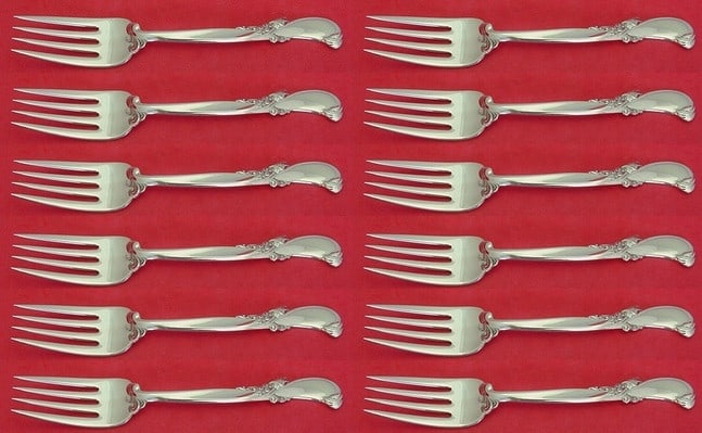 Wallace Waltz of Spring Sterling Silver Salad Fork Set 12 Pieces: Wallace Waltz of Spring Sterling Silver Salad Fork Set 12 Pieces This exquisite 12-piece salad fork set features the elegant "Waltz of Spring" pattern by Wallace. Each fork is crafted from high-qualit