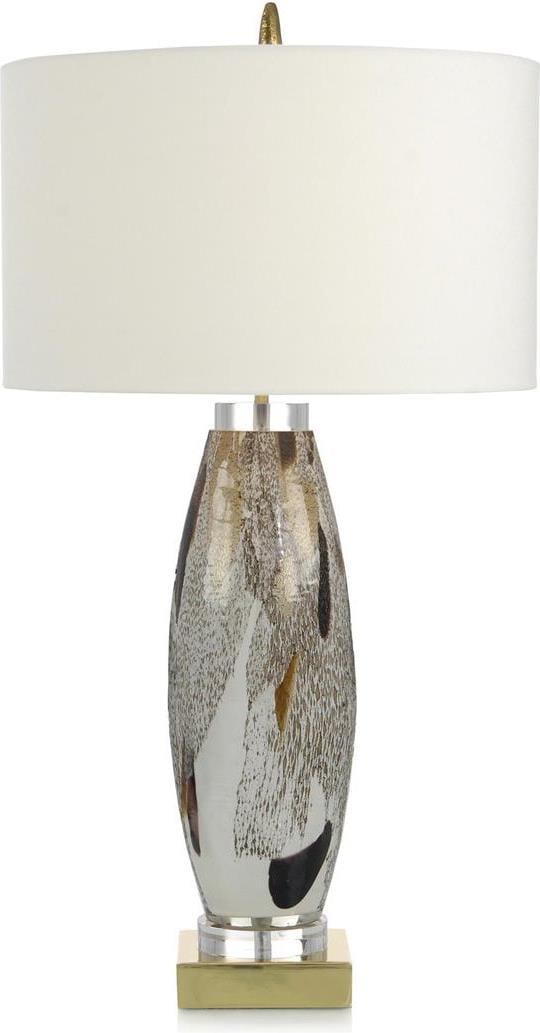 Contemporary Table Lamp with Brass Harp and Off-White Linen Shade: Contemporary Table Lamp with Brass Harp and Off-White Linen Shade This unused contemporary table lamp features a round off-white shade crafted from man-made linen, complemented by a brass harp. The la
