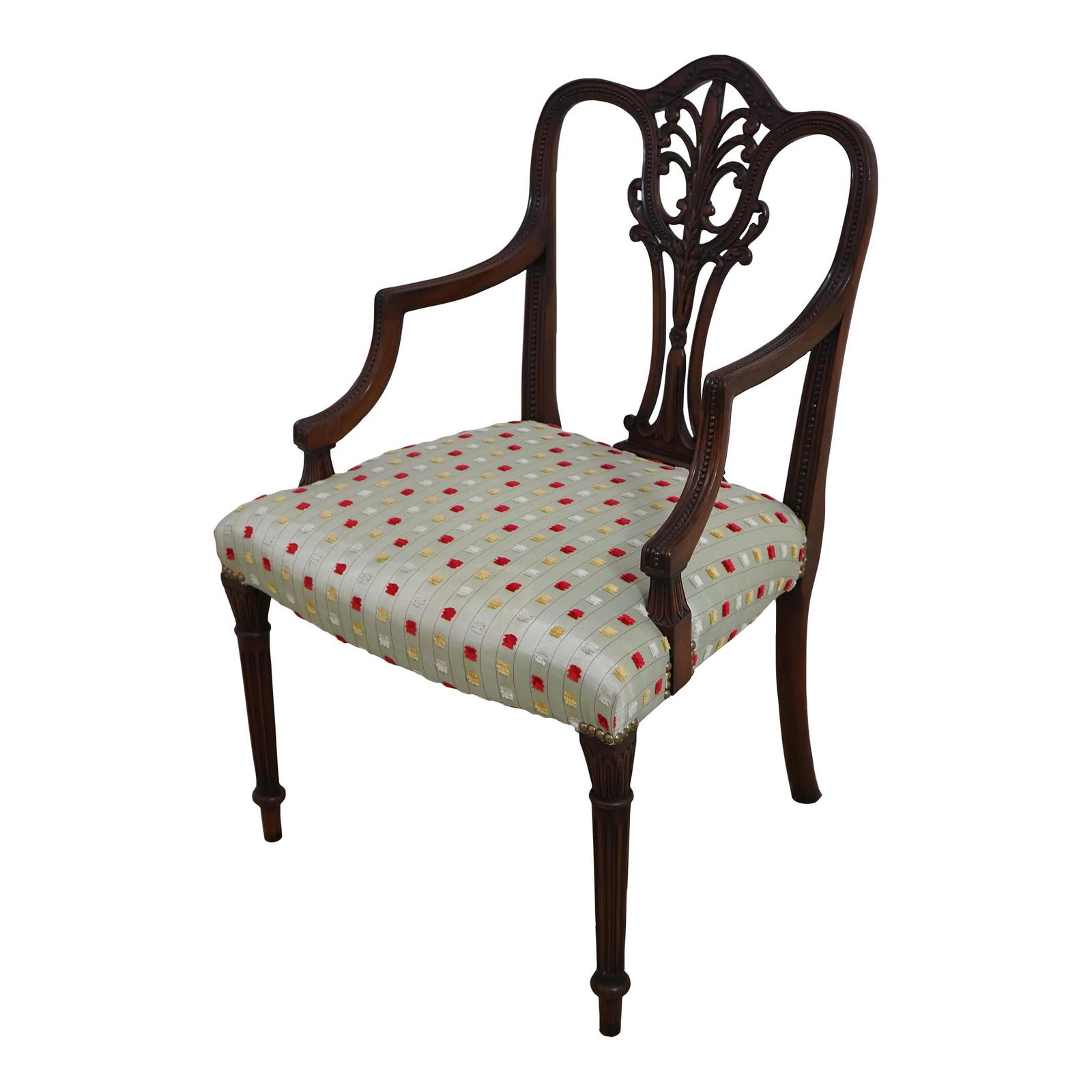 Finely Carved Mahogany Armchair in Adam Style by Arthur Brett: Finely Carved Mahogany Armchair in Adam Style by Arthur Brett This exquisite mahogany armchair showcases fine carved details and high-quality construction, embodying the elegance of English Adam Style