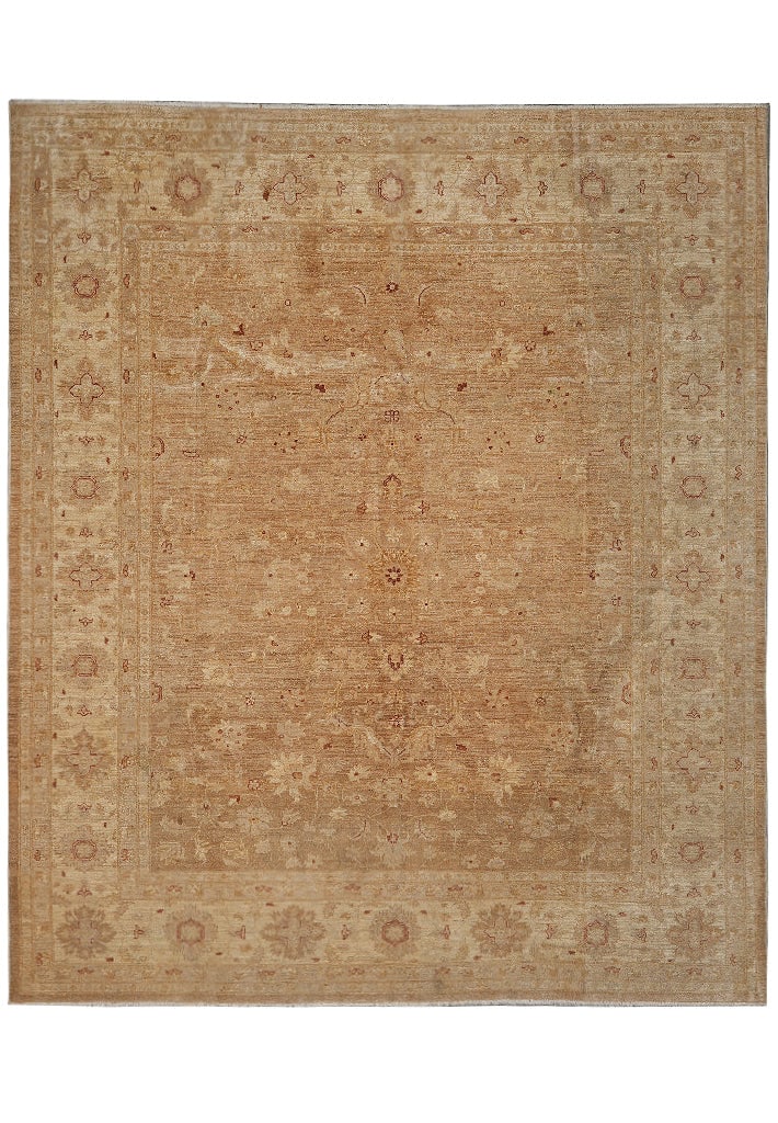 Hand-Knotted 7.2x8.2 Chobi Peshawar Zigler Carpet Beige Brown: Hand-Knotted 7.2x8.2 Chobi Peshawar Zigler Carpet Beige Brown Free continental US Shipping Enhance your space with this elegant hand-knotted Chobi Peshawar Zigler carpet, featuring a stylish neutral b
