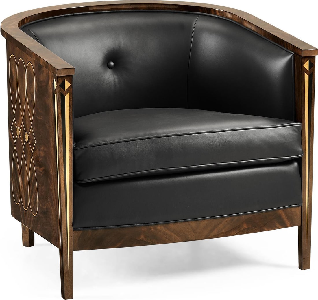 Jonathan Charles Biedermeier Mahogany Tub Chair with Geometric Inlay: Jonathan Charles Biedermeier Mahogany Tub Chair with Geometric Inlay This Vintage Style Biedermeier Mahogany Chair is a stunning addition to any home decor, showcasing a classic design with modern cra
