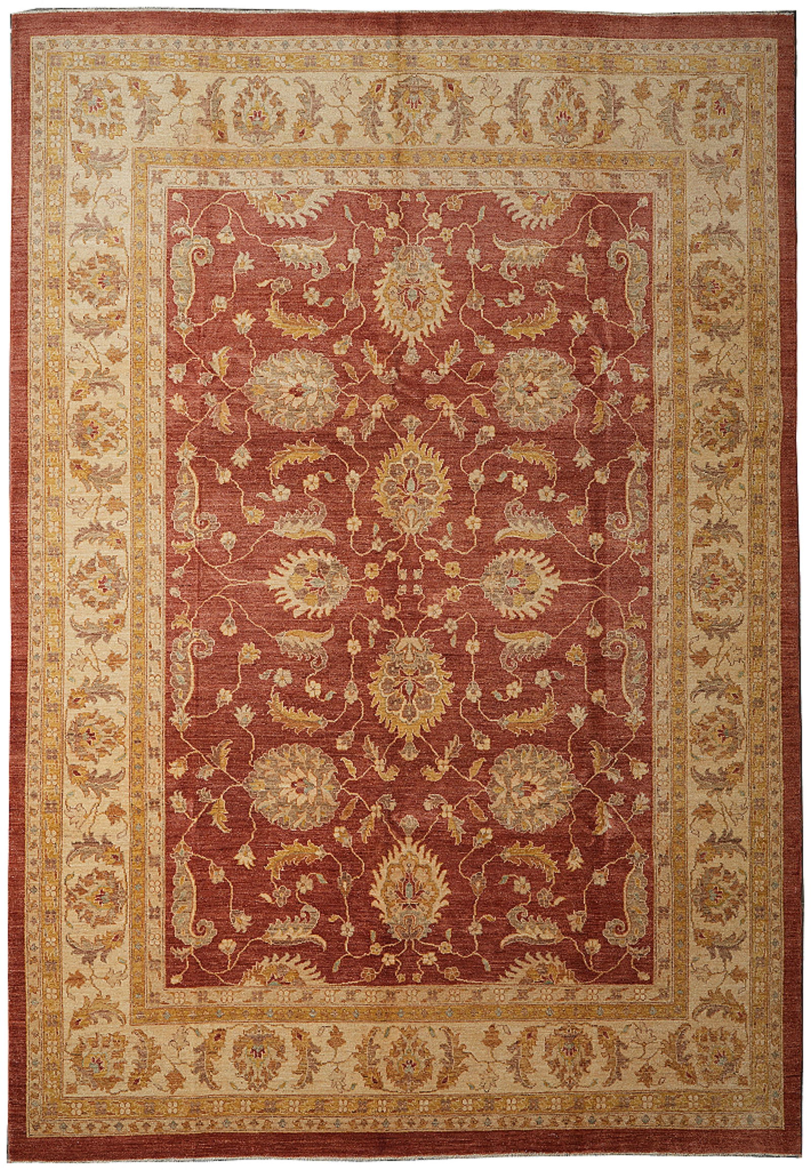 Handmade Zigler Chobi Area Rug 106 x 138 in Rust Coral Wool: Handmade Zigler Chobi Area Rug 106 x 138 in Rust Coral Wool Free continental US Shipping This handmade Zigler Chobi carpet features a vibrant rust and coral color palette with beige, gold, and sage gr
