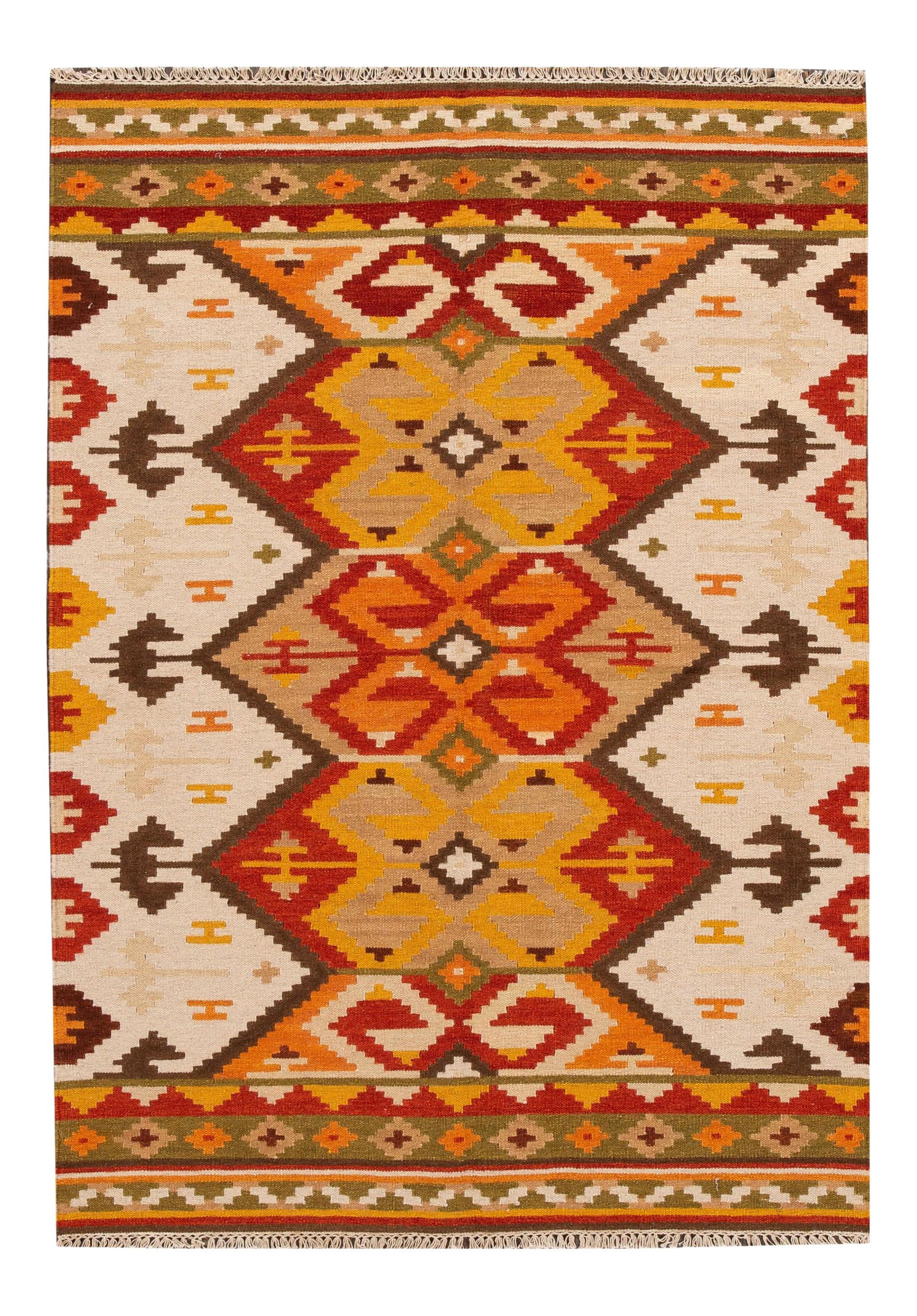 Hand-Woven Modern Kilim Rug Tan 4'9 x 6'7 Multi-Color Geometric: Hand-Woven Modern Kilim Rug Tan 4'9 x 6'7 Multi-Color Geometric Enhance your living space with this stunning hand-woven modern Kilim rug. Featuring a warm tan field adorned with vibrant multi-color ac