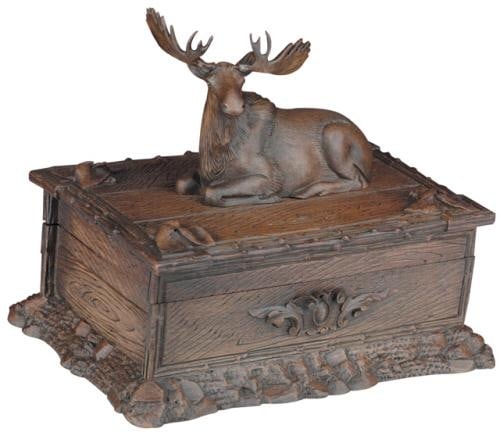 Rustic Lodge Moose Box Hand-Cast Resin Hinged Lid Green Finish: Rustic Lodge Moose Box Hand-Cast Resin Hinged Lid Green Finish Discover the charm of the Rustic Lodge Style Moose Box, a beautifully crafted piece that adds a touch of nature to your decor. This hand-