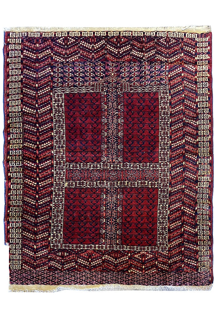 1940s Antique Turkmen Yamud Area Rug 3.9 x 4.9 Hand-Knotted Wool: 1940s Antique Turkmen Yamud Area Rug 3.9 x 4.9 Hand-Knotted Wool Free continental US Shipping Enhance your living space with this exquisite 3.9 x 4.9 Antique Turkmen Russian Yamud Rug, a stunning repr