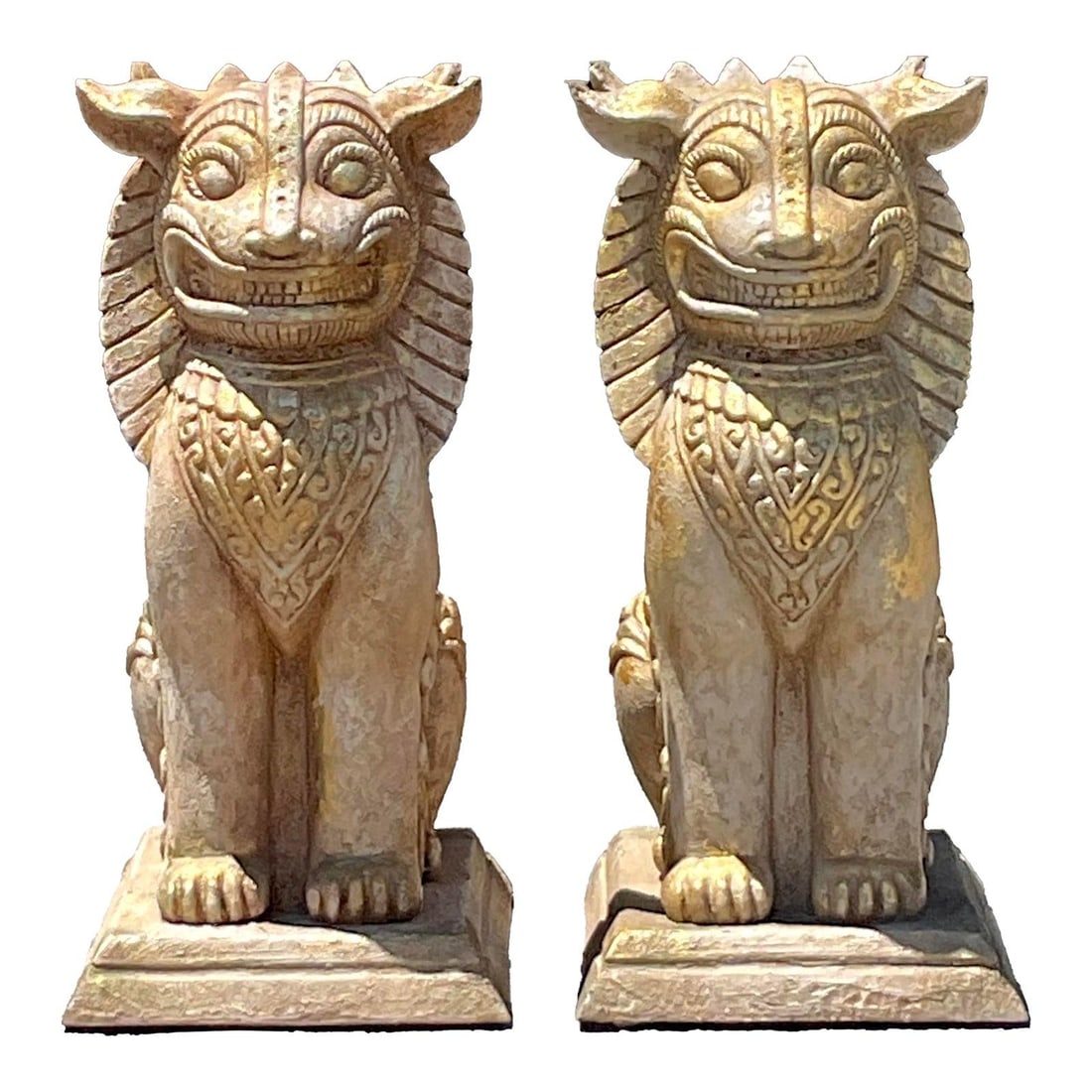 Vintage Boho Gilt Foo Dog Statues Pair Plaster Wood 27x13.25x29: Vintage Boho Gilt Foo Dog Statues Pair Plaster Wood 27x13.25x29 Enhance your home decor with this striking pair of vintage Foo Dog statues, designed in a captivating Boho aesthetic. Crafted from plast