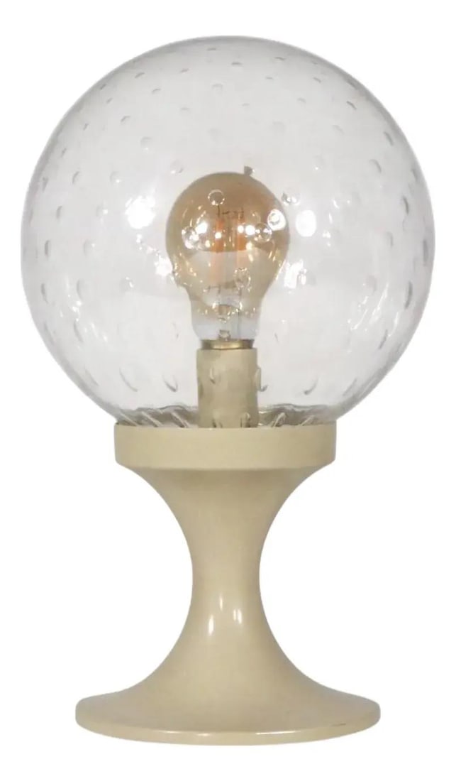 Mid Century Space Age Ball Top Table Lamp Inspired by Bill Curry: Mid Century Space Age Ball Top Table Lamp Inspired by Bill Curry This striking Space Age Mid Century table lamp showcases a unique seed glass ball form globe shade, elegantly mounted on a waisted pede