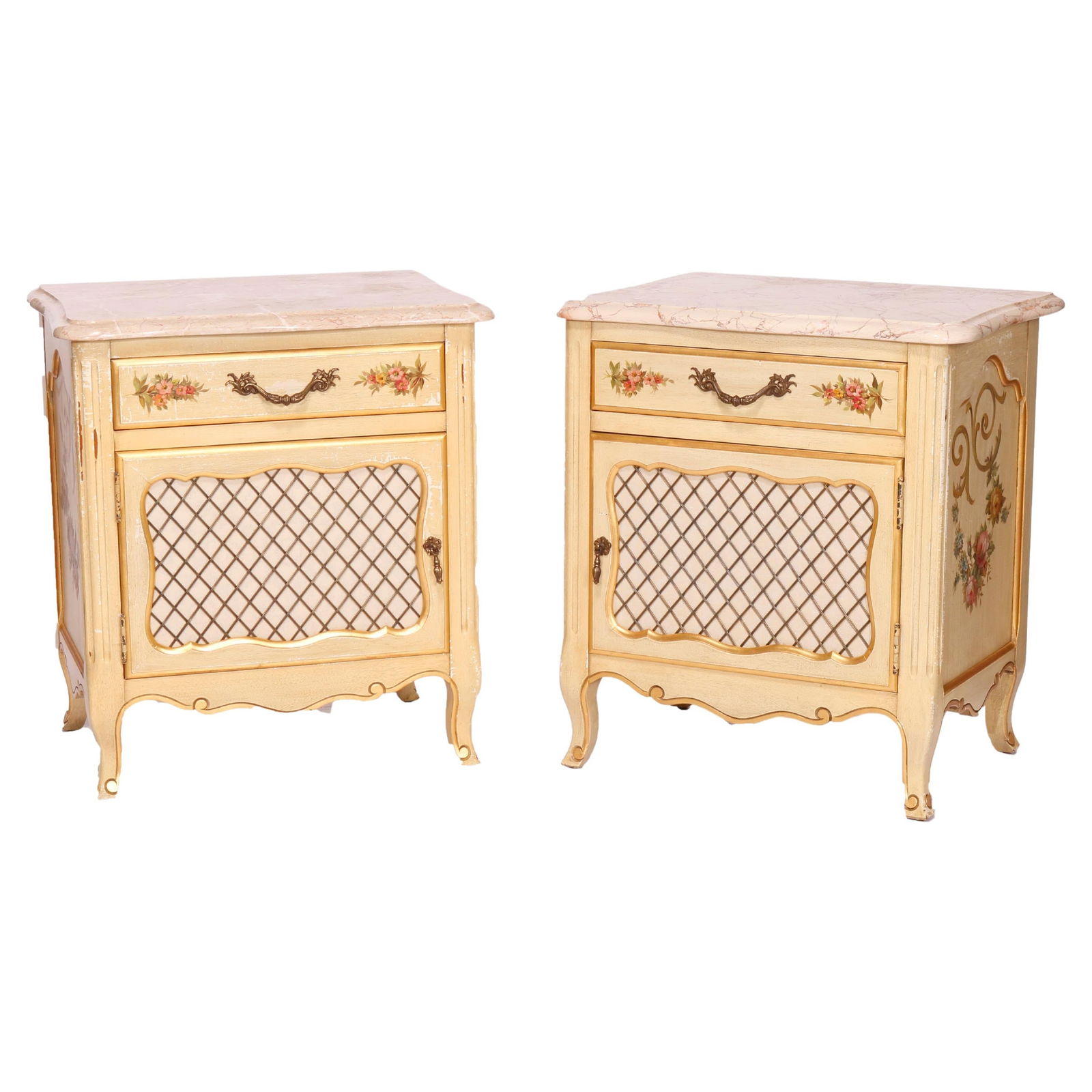 Set of 2 French Provincial Marble Stands by Kozak Studios: Set of 2 French Provincial Marble Stands by Kozak Studios This exquisite pair of French Provincial style side stands, crafted by Kozak Studios in the 20th century, showcases a harmonious blend of eleg