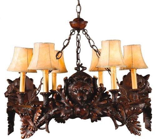 Rustic Lodge Style Bear Chandelier by OK Casting: Rustic Lodge Style Bear Chandelier by OK Casting Illuminate your space with this Unique Hand-Cast Bear Chandelier, a stunning piece that embodies rustic lodge style. Expertly crafted from resin, this