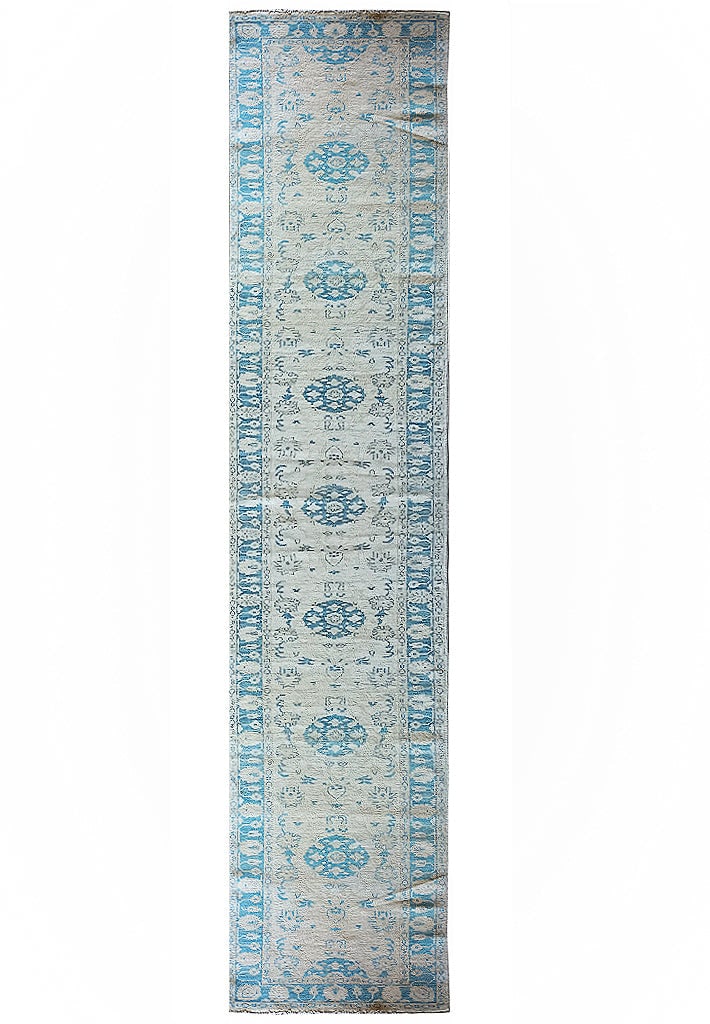 Khotan Chobi Runner 37 x 239 Inch Hand Knotted Wool Peach Blue: Khotan Chobi Runner 37 x 239 Inch Hand Knotted Wool Peach Blue Free continental US Shipping Transform your hallway or corridor with this exquisite 3' x 20' Long Khotan Chobi Runner in Peach Blue. Craf