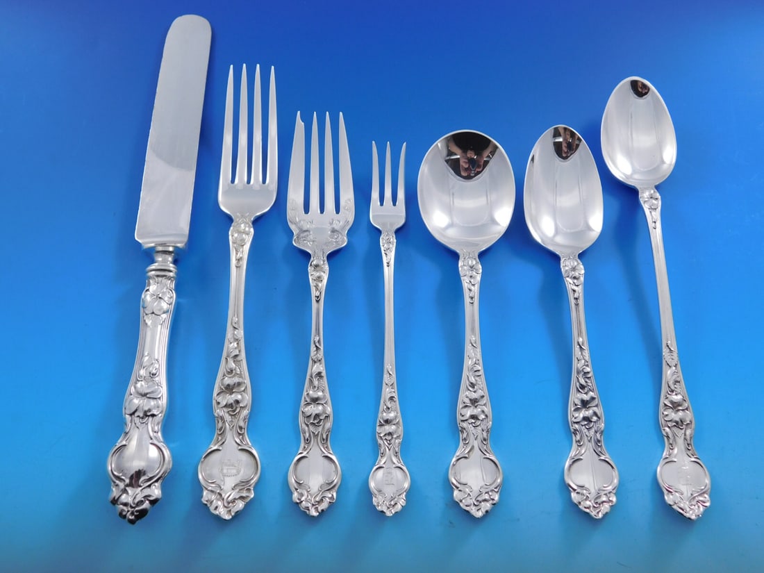 Violet by Wallace Sterling Silver Flatware Set for 12 - 87 Pieces: Violet by Wallace Sterling Silver Flatware Set for 12 - 87 Pieces Experience elegance with the Violet by Wallace Sterling Silver Flatware Service for 12, featuring a total of 87 exquisite pieces. This