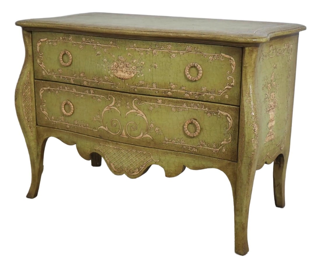 Theodore Alexander Venetian Commode Chest Green Crackle Finish: Theodore Alexander Venetian Commode Chest Green Crackle Finish Enhance your space with this stunning Theodore Alexander Green Painted Venetian Commode Chest, a perfect blend of quality craftsmanship a