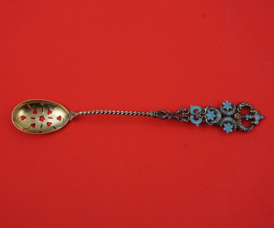 French & Franklin Sterling Silver Olive Spoon Twisted Handle Blue Enamel 1850-1899: French & Franklin Sterling Silver Olive Spoon Twisted Handle Blue Enamel 1850-1899 This exquisite serving spoon by French & Franklin Mfg. Co. features a unique twisted handle and is crafted from sterl