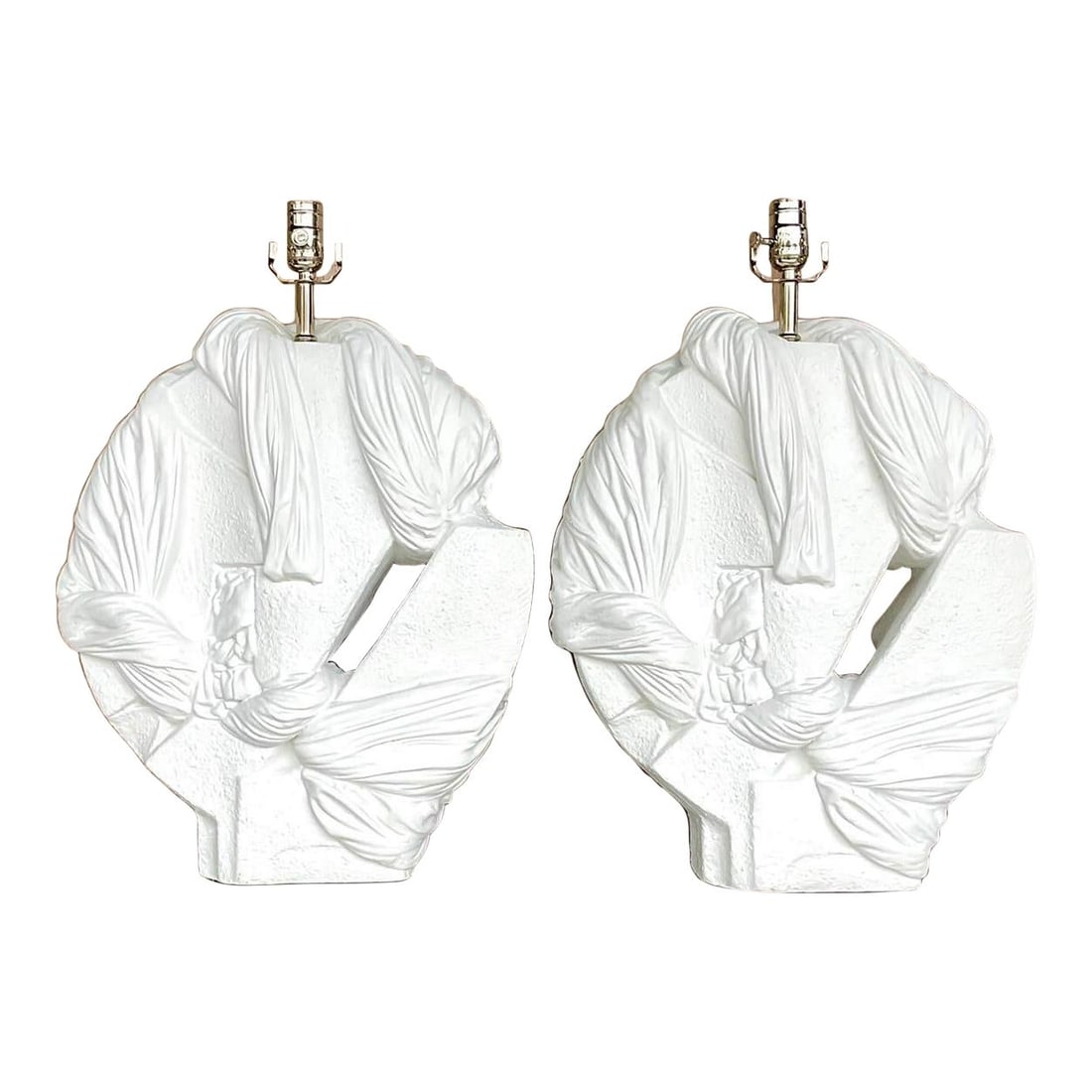 Vintage Coastal Plaster Lamps Pair with Abstract Knot Design: Vintage Coastal Plaster Lamps Pair with Abstract Knot Design This stunning pair of vintage Coastal table lamps features chic abstract knot designs crafted from plaster. With a monumental size that add