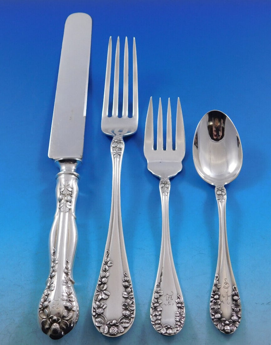 Joseph Mayer Clover Blossom Sterling Silver Flatware Set 32 pc Service for 8: Joseph Mayer Clover Blossom Sterling Silver Flatware Set 32 pc Service for 8 Discover a stunning Sterling Silver Flatware Service Set from the renowned Clover Blossom pattern by Joseph Mayer, crafted