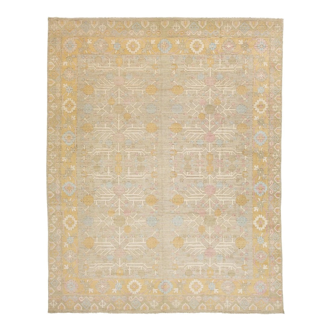 Handmade 13 x 16 Modern Khotan Wool Rug in Beige with Geometric Design: Handmade 13 x 16 Modern Khotan Wool Rug in Beige with Geometric Design This exquisite Khotan-style hand-knotted wool rug features a warm beige field complemented by accents of goldenrod, red, and blue