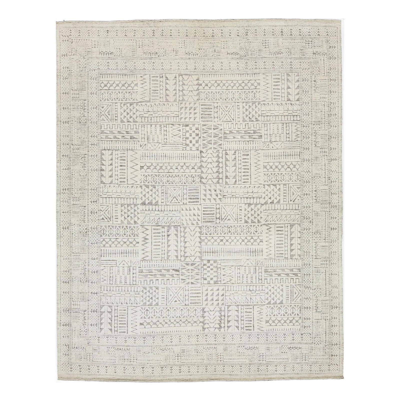 Contemporary Moroccan Ivory Wool Rug 12'1 x 15': Contemporary Moroccan Ivory Wool Rug 12'1 x 15' Enhance your space with this exquisite hand-knotted wool rug, crafted in a contemporary Moroccan style. Featuring a rich light gray and ivory color pale