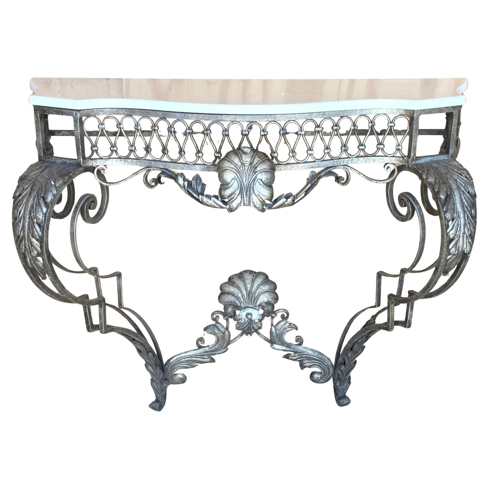 Italian Neoclassical Silvered Wrought Iron Console Table with White Stone Top: Italian Neoclassical Silvered Wrought Iron Console Table with White Stone Top This Italian Neoclassic console table marries elegance and craftsmanship, showcasing a stunning silvered wrought iron fram