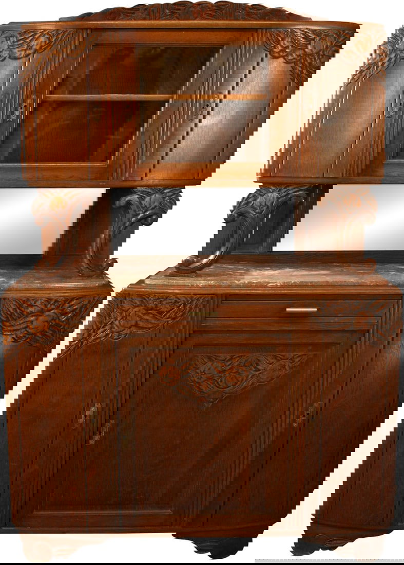 1920s French Art Deco Marble Buffet Oak Chestnut Finish Carvings: 1920s French Art Deco Marble Buffet Oak Chestnut Finish Carvings Elevate your dining space with this exquisite French Art Deco Marble Buffet, expertly crafted from oak and featuring intricate carvings