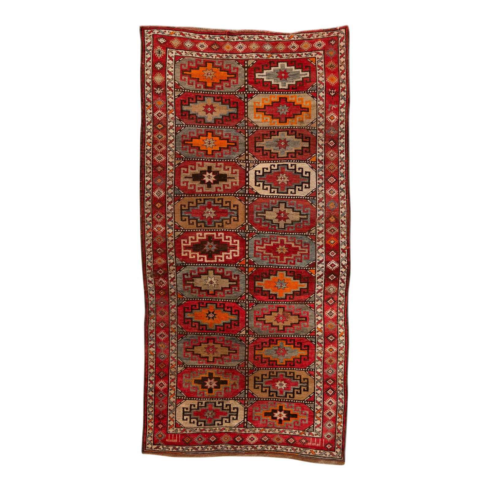 Vintage Persian Kazak Red Wool Runner 4'08 x 9'09 Geometric Design: Vintage Persian Kazak Red Wool Runner 4'08 x 9'09 Geometric Design This exquisite vintage Persian Kazak runner showcases a stunning hand-knotted wool construction with a vibrant red field. The geometr
