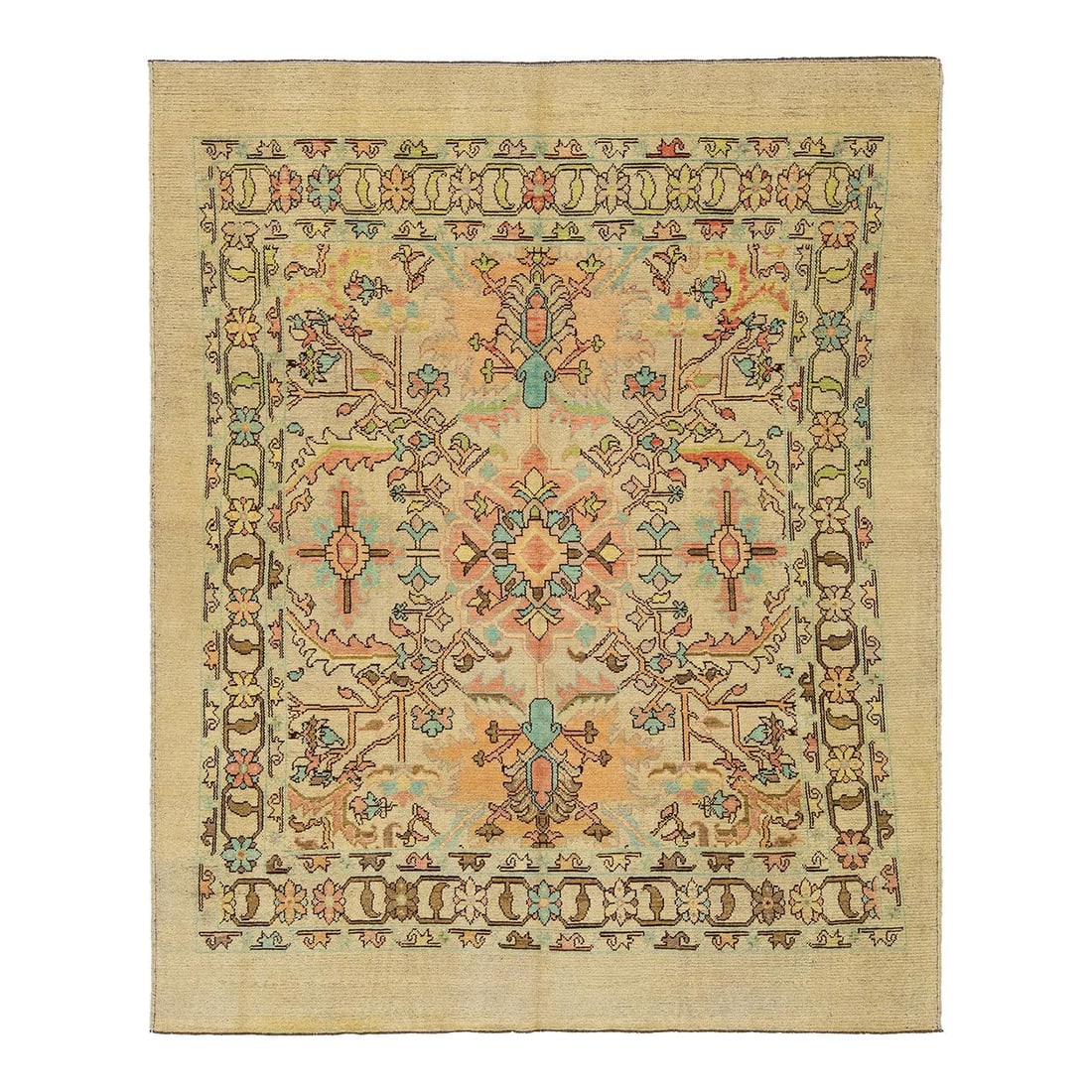 Handmade Wool Rug 7'4 x 9' Tan Floral Design: Handmade Wool Rug 7'4 x 9' Tan Floral Design Elevate your living space with this stunning handmade wool rug from the Revival Collection. Featuring a beautiful tan background, this modern rug showcases