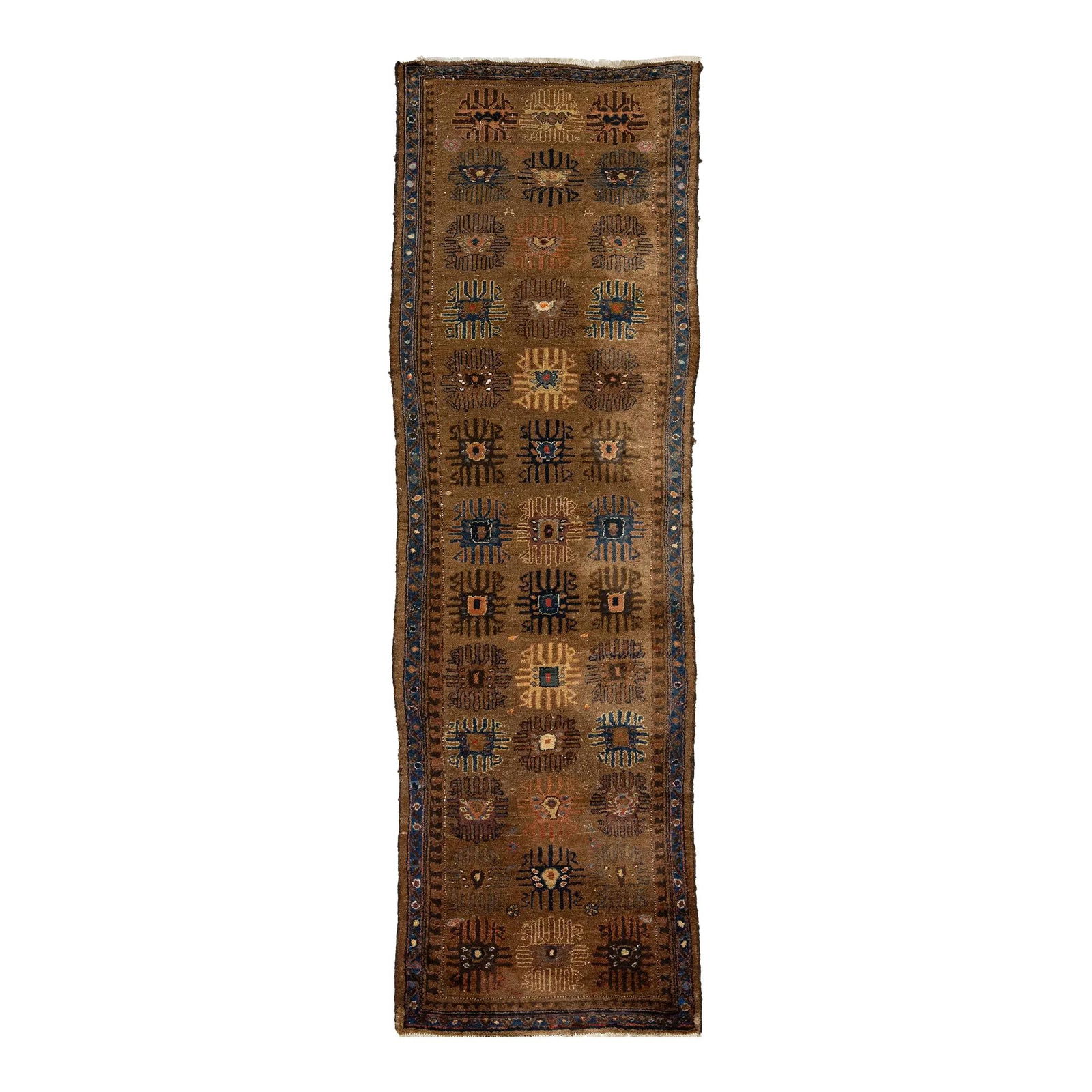 Handmade Antique Wool Runner Persian Hamadan Floral Design 3'5 x 11'2: Handmade Antique Wool Runner Persian Hamadan Floral Design 3'5 x 11'2 Discover the elegance of this Handmade Brown Antique Wool Runner, a stunning piece that features a captivating all-over floral des