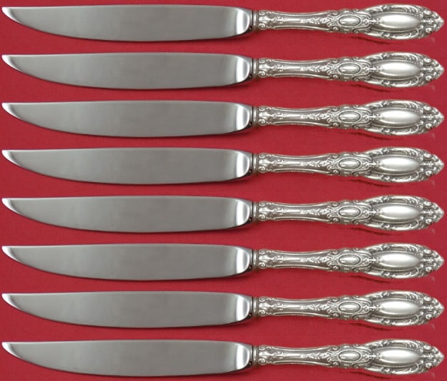 Towle King Richard Sterling Silver Steak Knife Set 8pc Non-Serrated: Towle King Richard Sterling Silver Steak Knife Set 8pc Non-Serrated This exquisite King Richard steak knife set from Towle features eight elegant steak knives, each measuring 8". Crafted with a sterli