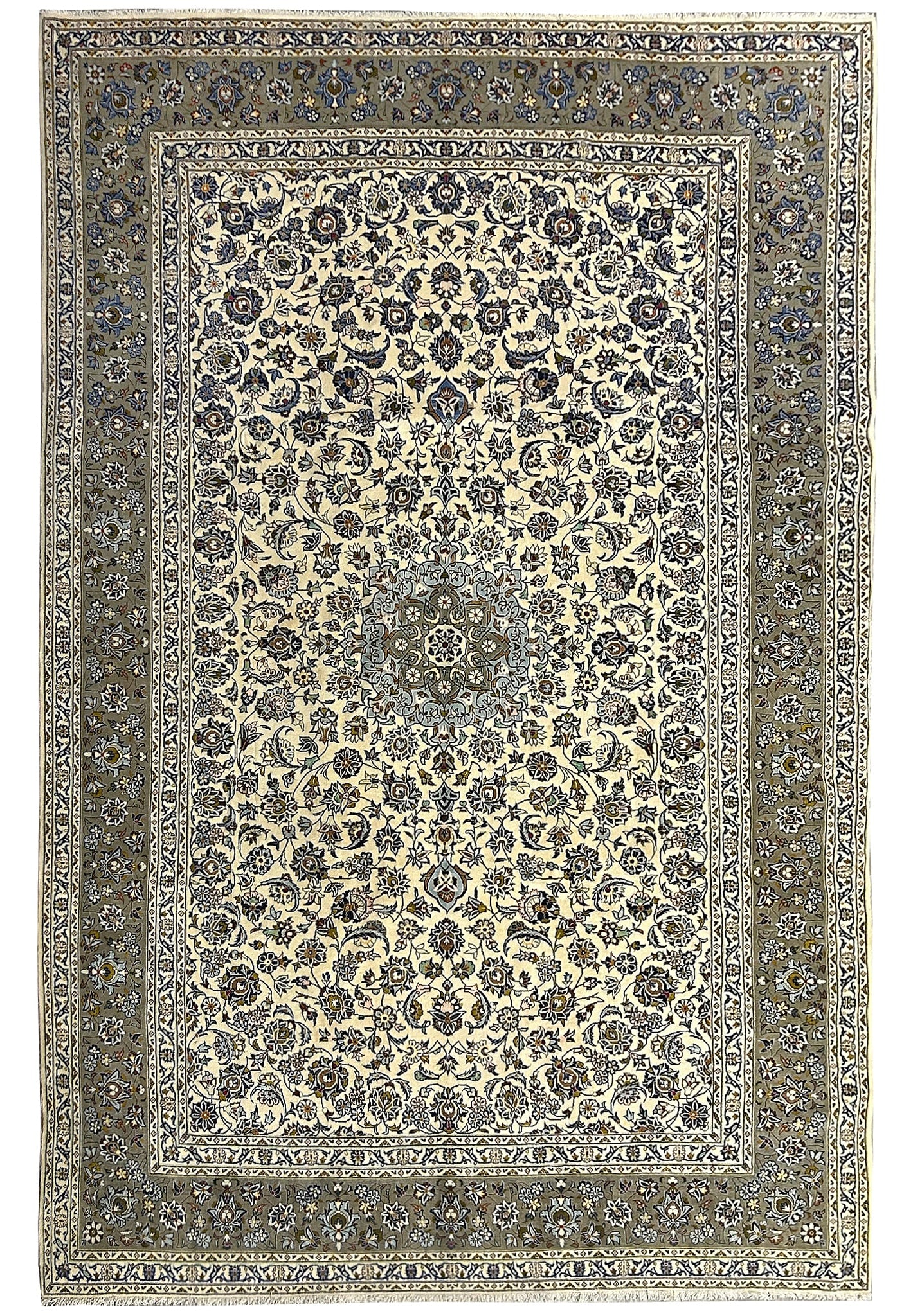 Luxurious 10 x 14 Persian Kashan Rug in Ivory Olive Blue: Luxurious 10 x 14 Persian Kashan Rug in Ivory Olive Blue Free continental US Shipping Transform your space with the timeless elegance of this exquisite Persian Kashan Rug, measuring 10.0 x 14.3 feet.