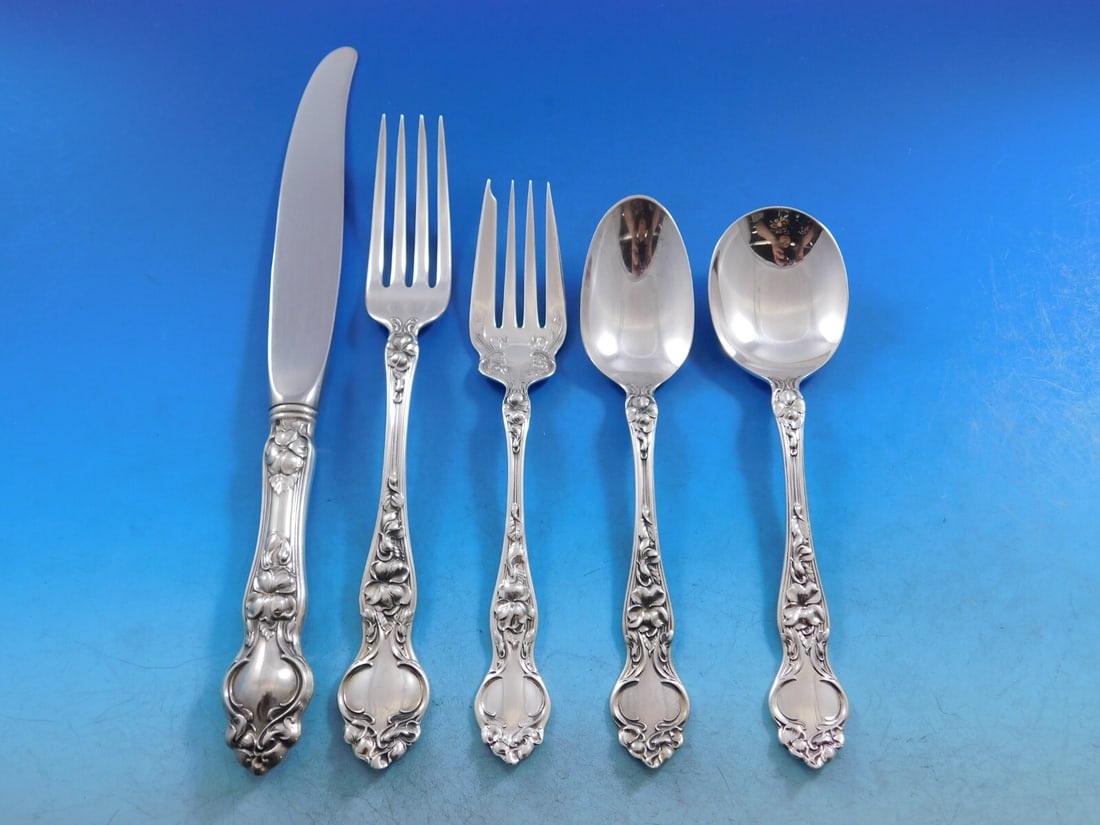 Wallace Violet Sterling Silver Flatware Set for 12 64 Pieces Art Nouveau: Wallace Violet Sterling Silver Flatware Set for 12 64 Pieces Art Nouveau Enhance your dining experience with the exquisite Violet pattern by Wallace, a stunning sterling silver flatware service for 12